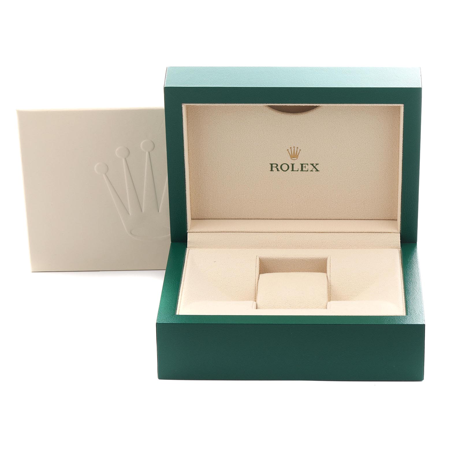 The image shows an open green Rolex box for a Submariner model, with the logo visible inside.